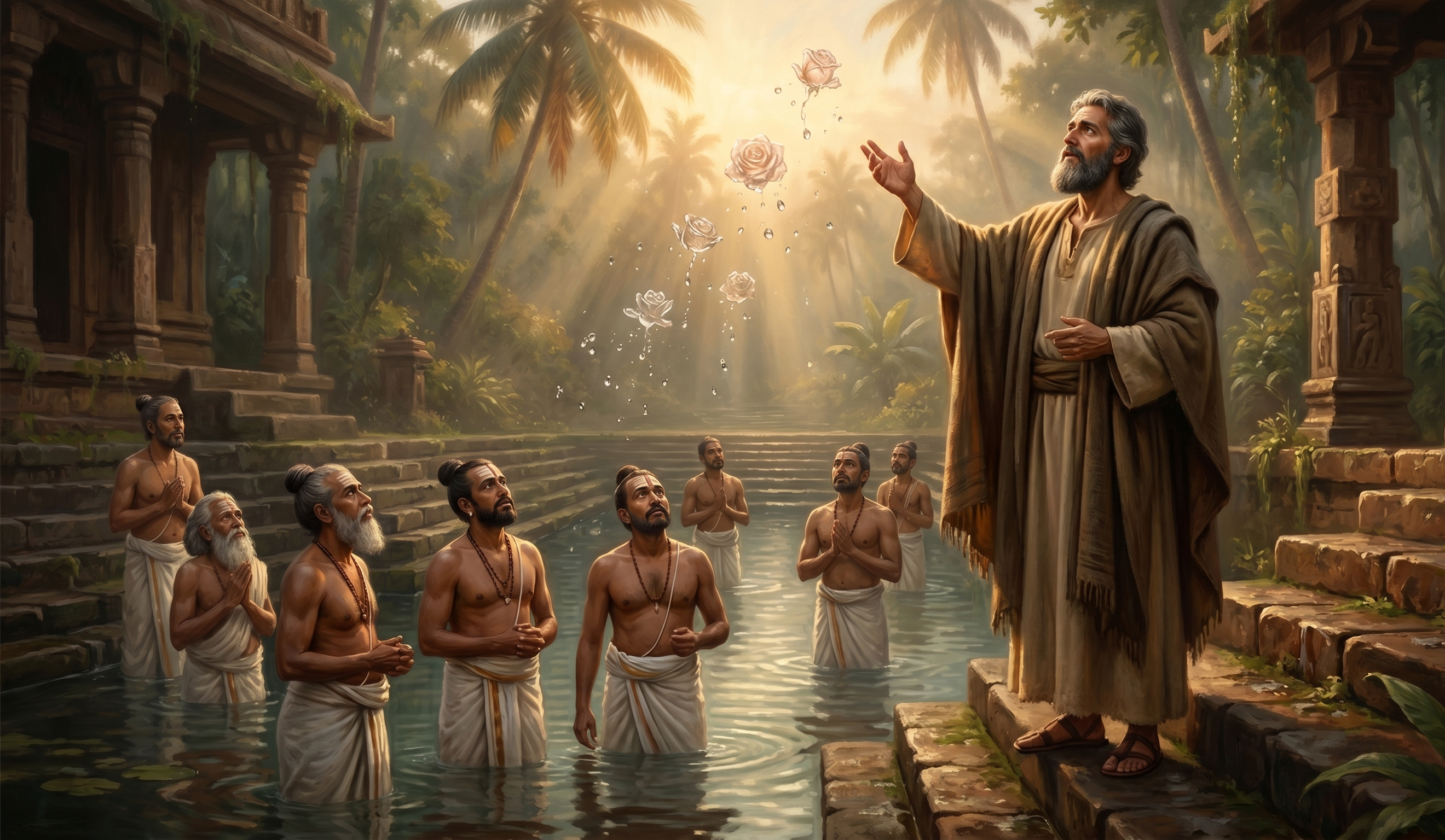 St. Thomas performing the water rose miracle in Palayur